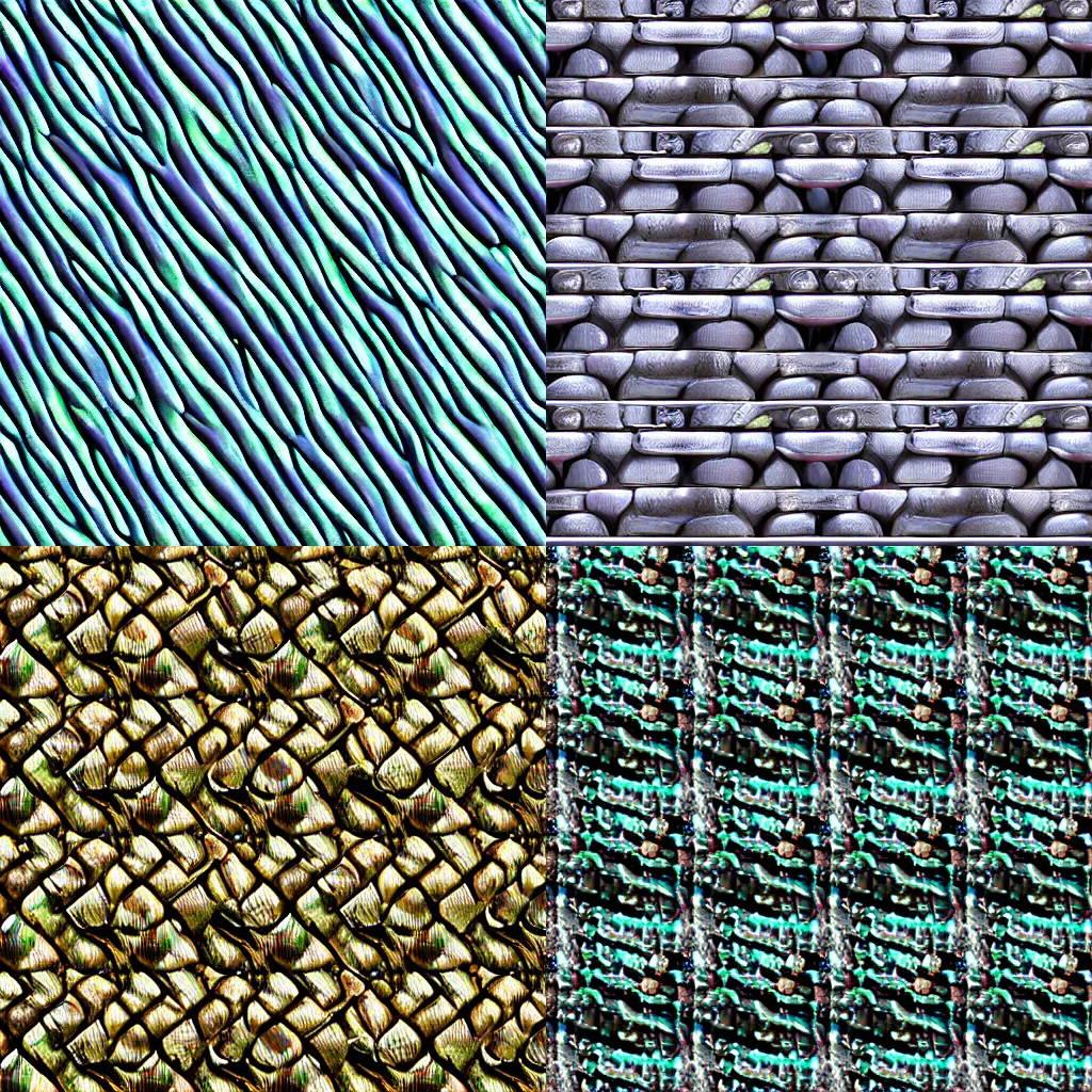 Prompt: seamless texture of iridescent metal scales, substance designer, realistic, 8k