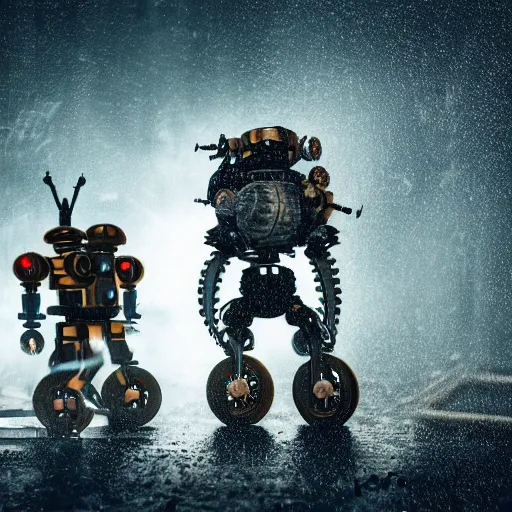 Image similar to steampunk robot warriors battling each other in heavy rain, ground fog, @, moody lighting, 8 k, lightning, shallow depth of field, cinematic lighting,