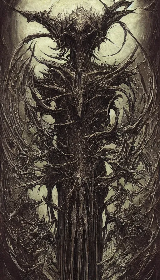 Image similar to Scorn themed painting of symmetrical organic torso Leviathan infernal armor anatomy with bat wings and extended evil hands concept, intricate artwork by H.R. Giger, Johnatan Wayshak, Zdizslaw Beksinski, Ayami Kojima, Amano, Karol Bak, Moebius, and Mark Brooks, Neo-Gothic, gothic, rich deep colors, art by Takato Yamamoto, masterpiece, face by Artgerm, very coherent artwork, cinematic, hyper realism, high detail, octane render, unreal engine, 8k, High contrast, golden ratio, trending on cgsociety