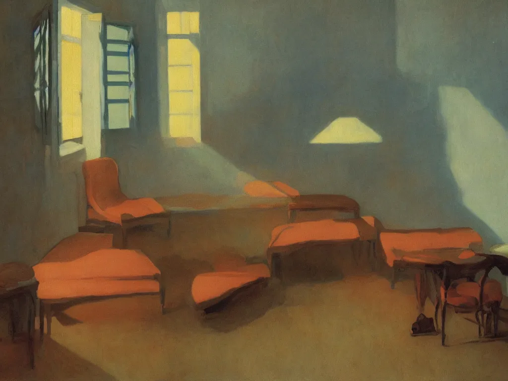 Image similar to the collector of corals in an interior. autumn sunset. painting by hopper