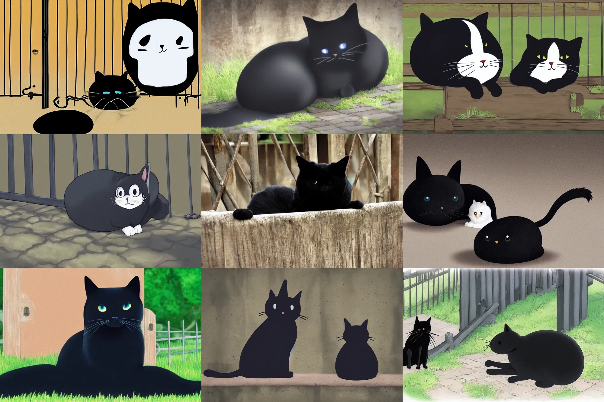 Prompt: amorphous black shapeless cat with bright eyes, a black squishy cloud of cat with no shape sitting by a gate | anime