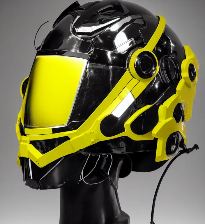 Image similar to futuristic yellow racing helmet with headset and chrome visor, a fusion of punk, cybertech and mad max aesthetics, neon trims, by kawakubo rei, takada kenzo and laurie greasley