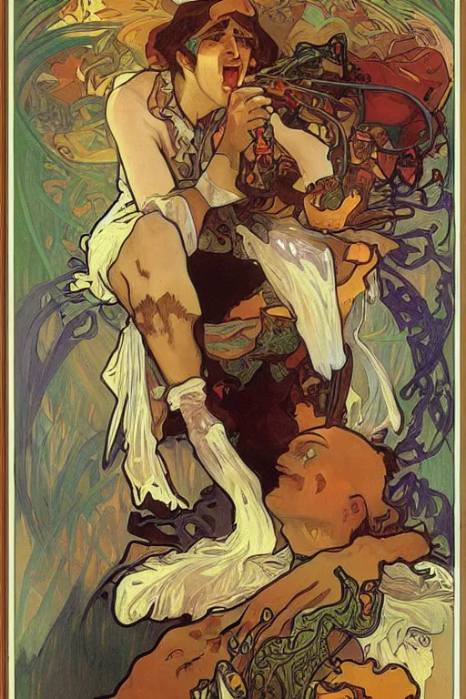 Prompt: gamer raging and spilling his mountain dew and cheetos everywhere, by Alphonse Mucha,