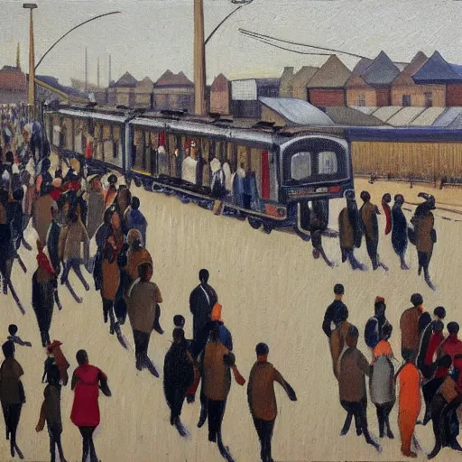 Image similar to painting of south african commuters heading to the central business district of johannesburg, painted by laurence stephen lowry, oil on canvas, national gallery