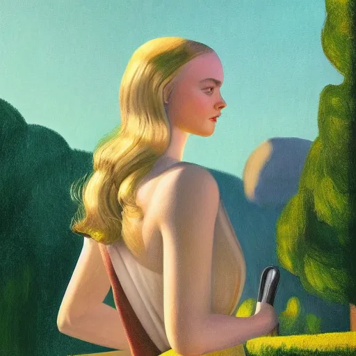 Prompt: Elle Fanning, head and shoulders masterpiece, in Kotor, golden hour, in a garden, artstation, in the style of Art Deco and Edward Hopper and Bosch, extremely detailed