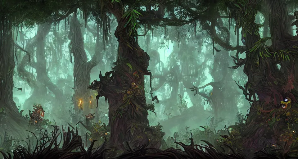 Image similar to A dense and dark enchanted forest with a swamp, from Hearthstone