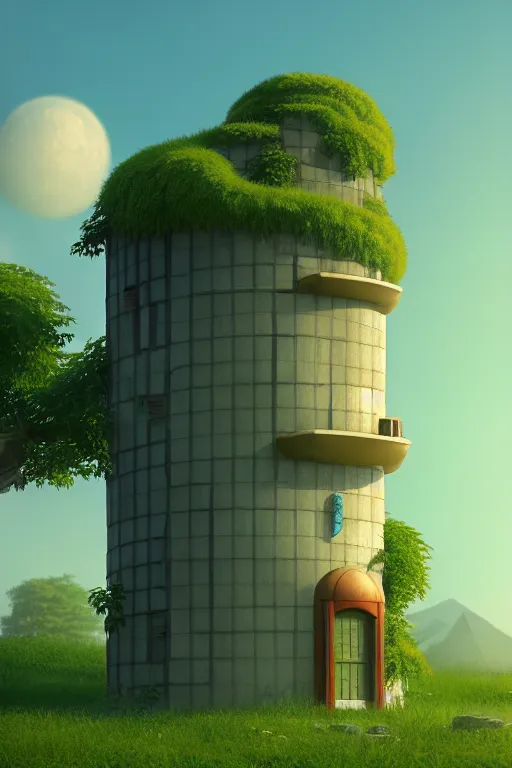 Image similar to cylindrical house, solarpunk, studio ghibli, jean - baptiste monge, octane render, 4 k