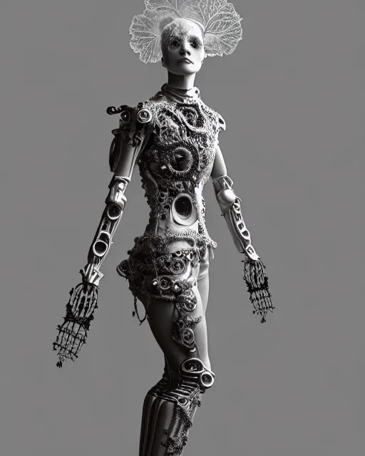 Image similar to monochrome 3 d model, 1 9 1 0 picture, silver mesh floral steampunk biomechanical beautiful young female cyborg with porcelain profile face and a techno eye, volumetric light, leaves foliage and stems, hibiscus flowers, sinuous fine roots, fine foliage lace, alexander mcqueen, rim light, big gothic fashion pearl embroidered collar, octane render, 8 k
