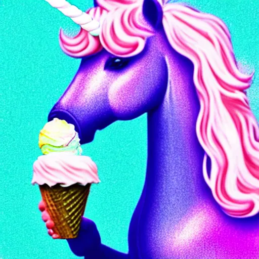 Image similar to an ultra high definition pastel coloured photograph of a magic unicorn with a glittery magic horn eating an ice cream. refraction, volumetric lighting iridescence.