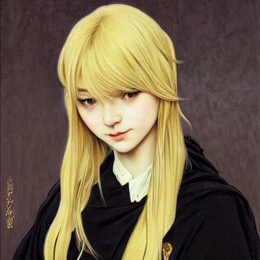 Image similar to Blonde Girl from Babymetal band with thin lips, pronounced cheekbones, hair of medium length (longer caret), highly detailed, digital painting, artstation, concept art, smooth, sharp focus, illustration, ArtStation, art by artgerm and greg rutkowski and alphonse mucha and J. C. Leyendecker and Edmund Blair Leighton and Katsuhiro Otomo and Geof Darrow and Phil hale and Ashley wood and Ilya repin and Charlie Bowater