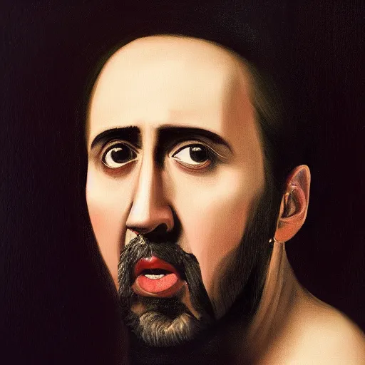 Image similar to paint portrait on canvas ofnicolas cage caravaggio style 4 k