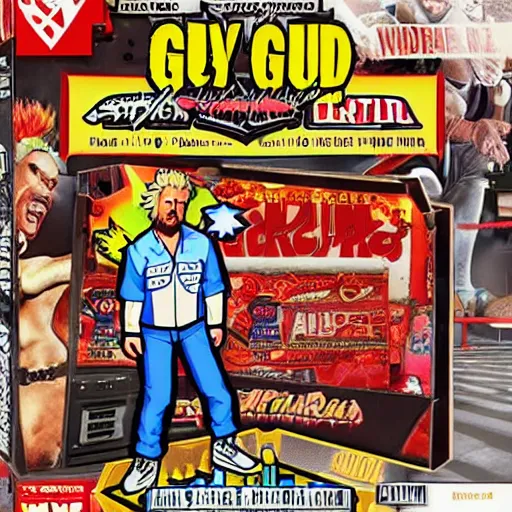 Image similar to guy fieri : backyard wrestling the video game 1 9 8 9 special tournament edition plus alpha arcade cabinet, game case, box art