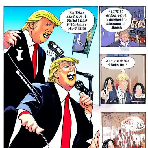 Prompt: Donald trump, a singer in a heavy metal band in a manga by akira and Miyazaki