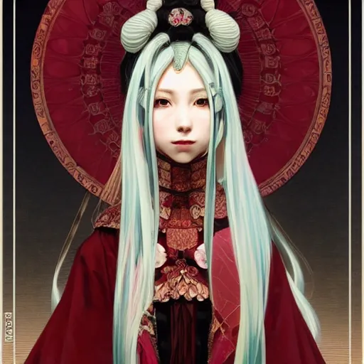 Image similar to a beautiful portrait of hatsune miku with long black and deep red colored hair dressed as a 1 0 th century european noblewoman, intricate, elegant, highly detailed, digital painting, artstation, concept art, matte, sharp focus, illustration, art by greg rutkowski and alphonse mucha