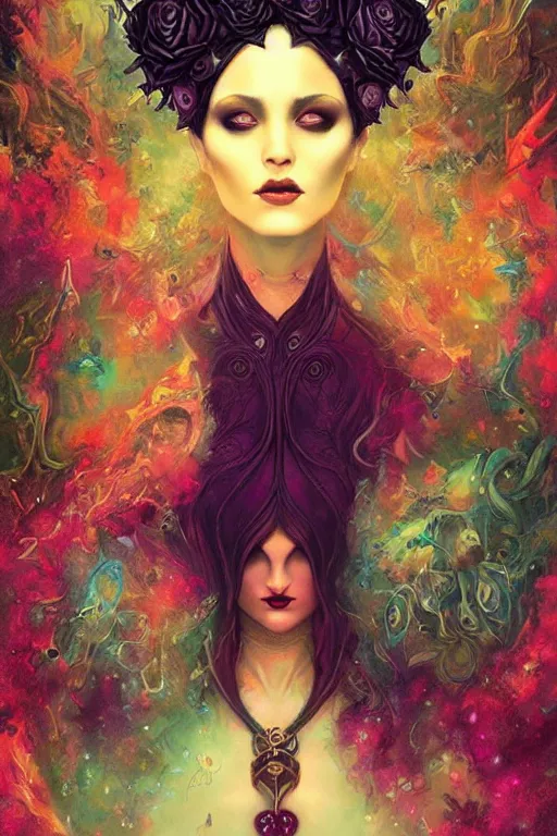 Image similar to jeweled Crown, other worldly, dark fae court, black roses, vivid colors, art nouveau, by Anato Finnstark, Tom Bagshaw, Brom