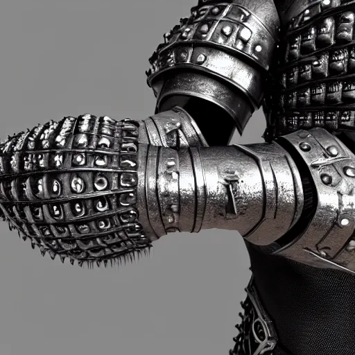 Image similar to tight fitting chainmail armour on an arm. low key cinematic lighting. concept illustration, realistic render