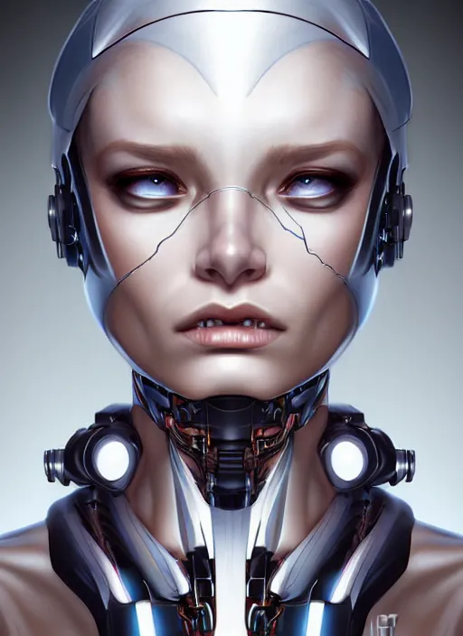 Prompt: portrait of a cyborg woman who turns her head to the right (((((left))))) by Artgerm,eyes closed , biomechanical, hyper detailled, trending on artstation
