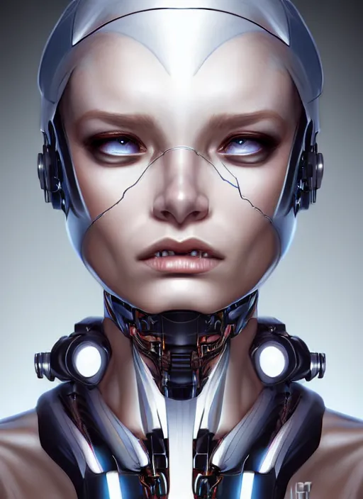 Image similar to portrait of a cyborg woman who turns her head to the right (((((left))))) by Artgerm,eyes closed , biomechanical, hyper detailled, trending on artstation