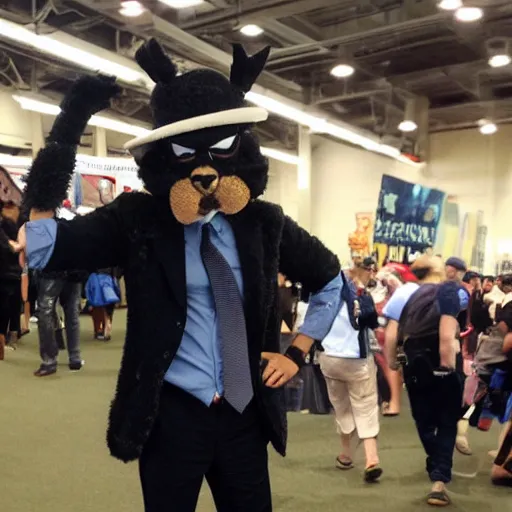 Prompt: Obama as a furry cosplayer wearing a fedora at Comic Con, neckbeard, cringelord