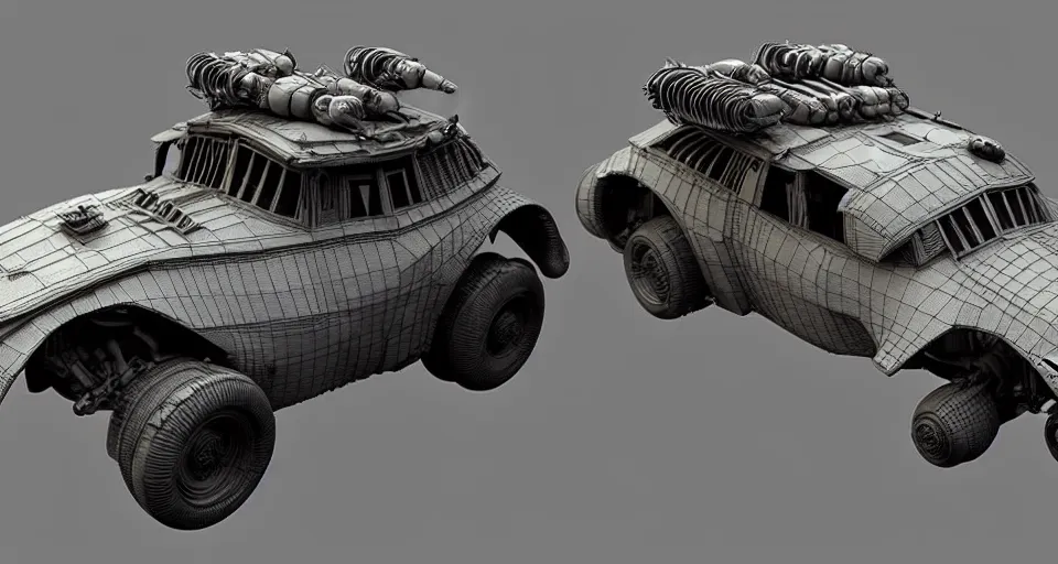 Image similar to highly detailed cinematic scifi render of 3 d sculpt of fury road spaceship