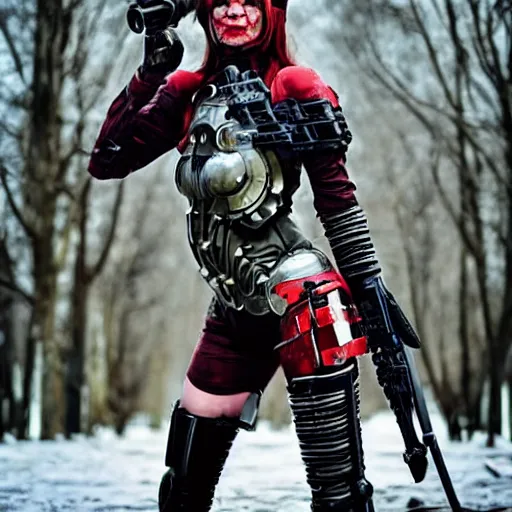 Prompt: female cyborg, moscow, cosplay, horror, post - apocalyptic