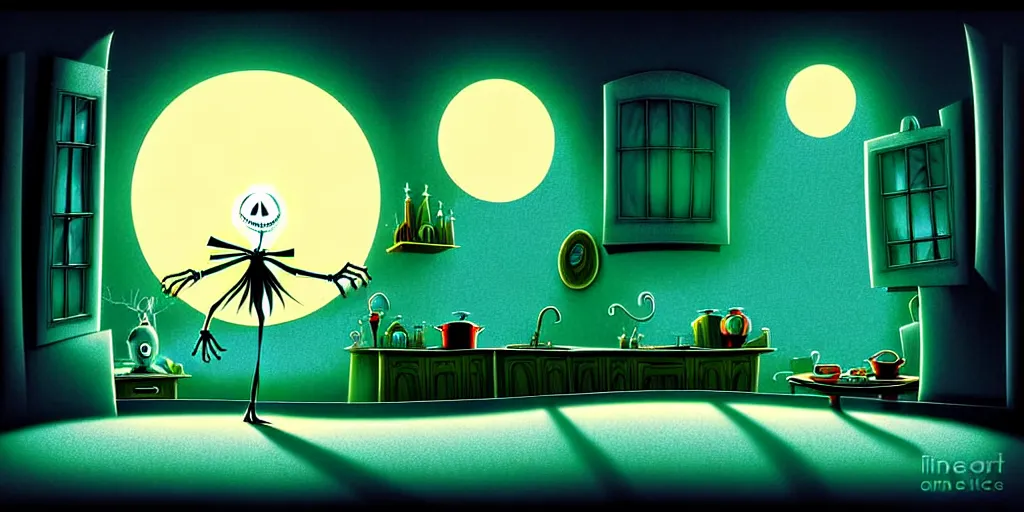 Image similar to curved perspective digital art of a kitchen without windows lights off from tim burtons nightmare before christmas by petros afshar