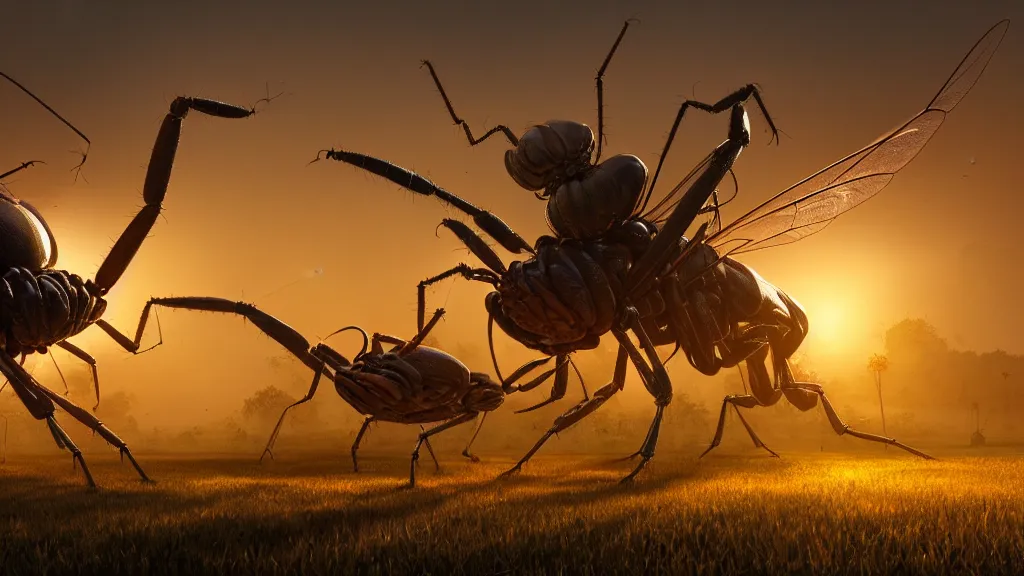 Prompt: giant insects terrorize a farm house, hyperdetailed, artstation, cgsociety, golden hour 8k