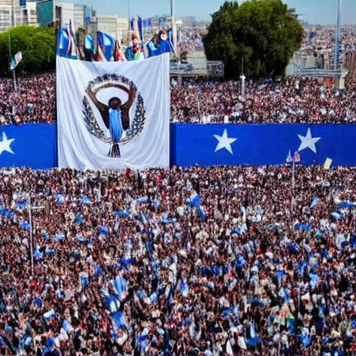 Image similar to Lady Gaga as president, Argentina presidential rally, Argentine flags behind, bokeh, giving a speech, detailed face, Argentina