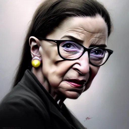 Image similar to a hyper - realistic character concept art portrait of young ruth bader ginsburg, depth of field background, artstation, award - winning realistic sci - fi concept art by jim burns and greg rutkowski, beksinski, a realism masterpiece, james gilleard, bruegel, alphonse mucha, and yoshitaka amano.