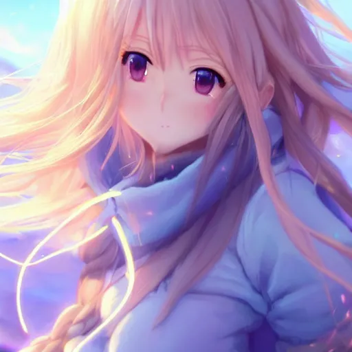 Image similar to a very beautiful anime girl, full body, long wavy blond hair, sky blue eyes, full round face, short smile, cute top, miniskirt, frozen wasteland setting, cinematic lightning, medium shot, mid-shot, highly detailed, trending on Artstation, Unreal Engine 4k, cinematic wallpaper by Stanley Artgerm Lau, WLOP, Rossdraws, James Jean, Andrei Riabovitchev, Marc Simonetti, and Sakimichan