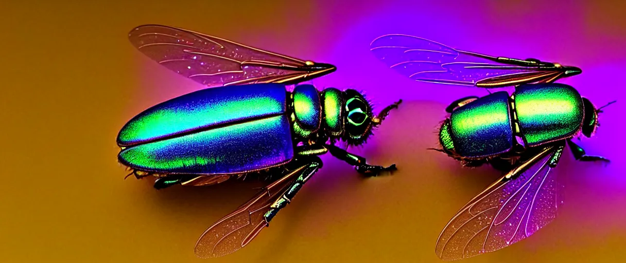 Image similar to high quality photo glowy iridescent giant fly! jeweled very beautiful! highly detailed digital art david ligare elson peter cinematic purple neon lighting high quality low angle hd 8k sharp shallow depth of field