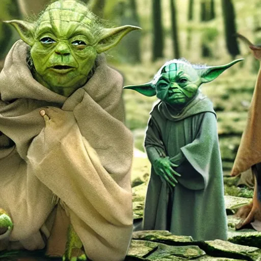 Prompt: a civilization of members of Yoda's species interacting with eachother on their home planet, award winning national geographic photo