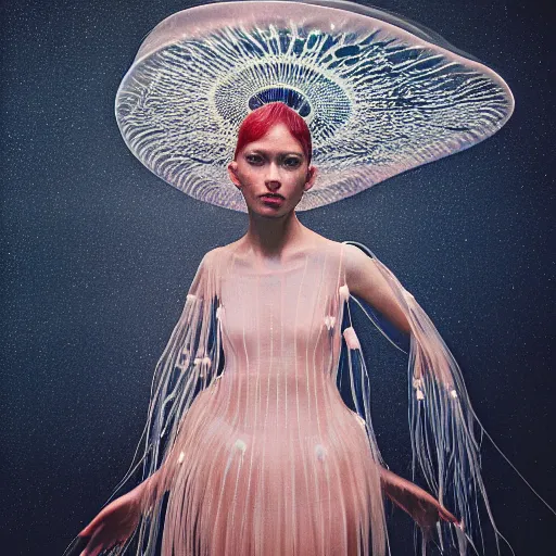 Image similar to Fashion photography of a woman wearing a dress inspired by a jellyfish, artistic photography, insanely detailed, chiaroscuro, cinestill 800t, Vogue magazine