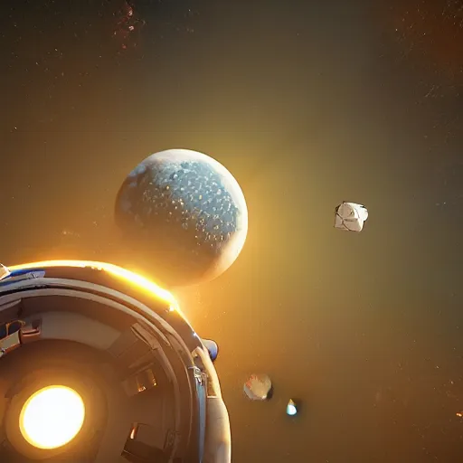 Image similar to Screenshot of a space exploration game, astronaut, NASA, unreal engine, tech demo, planet, stylistic, realistic, ray tracing