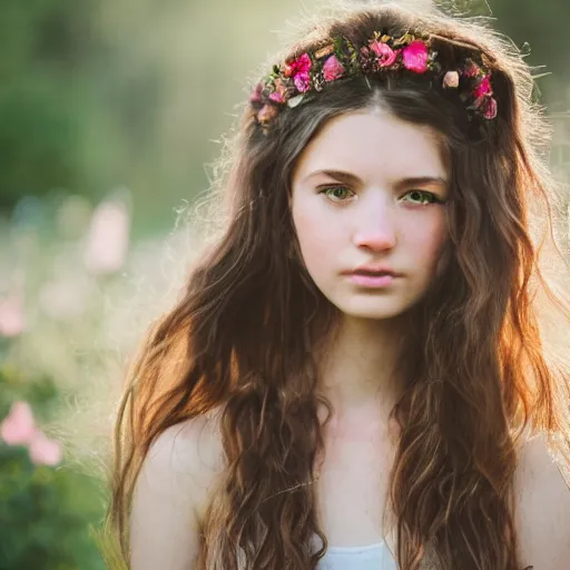 Prompt: a portrait of a young girl with wavey long hair, there are birds on her head, there's flowers everywhere, very beautiful ambient light with sun rays hitting her hair, 8k photography, wedding photography