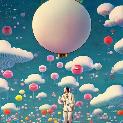 Image similar to a man walking on clouds away from the camera above kyoto by takashi murakami, beeple and james jean, aya takano color style, 4 k, super detailed, modern, 4 k, symmetrical