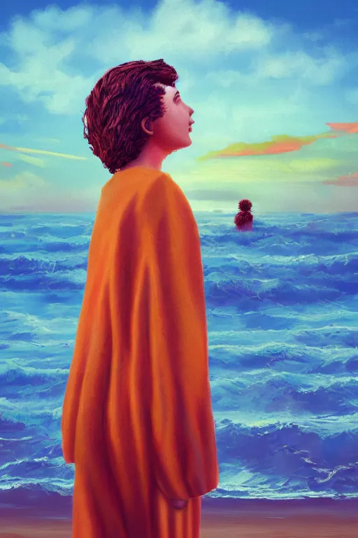 Image similar to closeup giant dahlia flower head, girl standing on beach, surreal photography, blue sky, sunrise, dramatic light, impressionist painting, digital painting, artstation, simon stalenhag