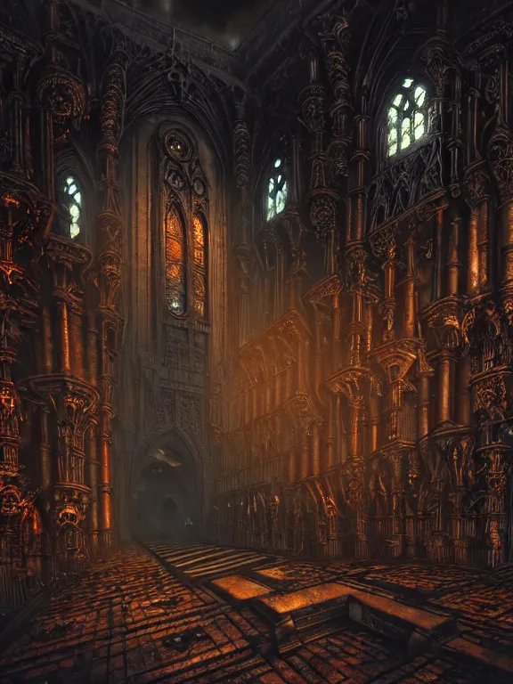 Image similar to steam necropolis, memento mori, gothic, neo - gothic, art nouveau, hyperdetailed copper patina medieval icon, stefan morrell, philippe druillet, ralph mcquarrie, concept art, steampunk, unreal engine, detailed intricate environment, octane render, moody atmospherics, volumetric lighting, ultrasharp, ominous, otherworldly