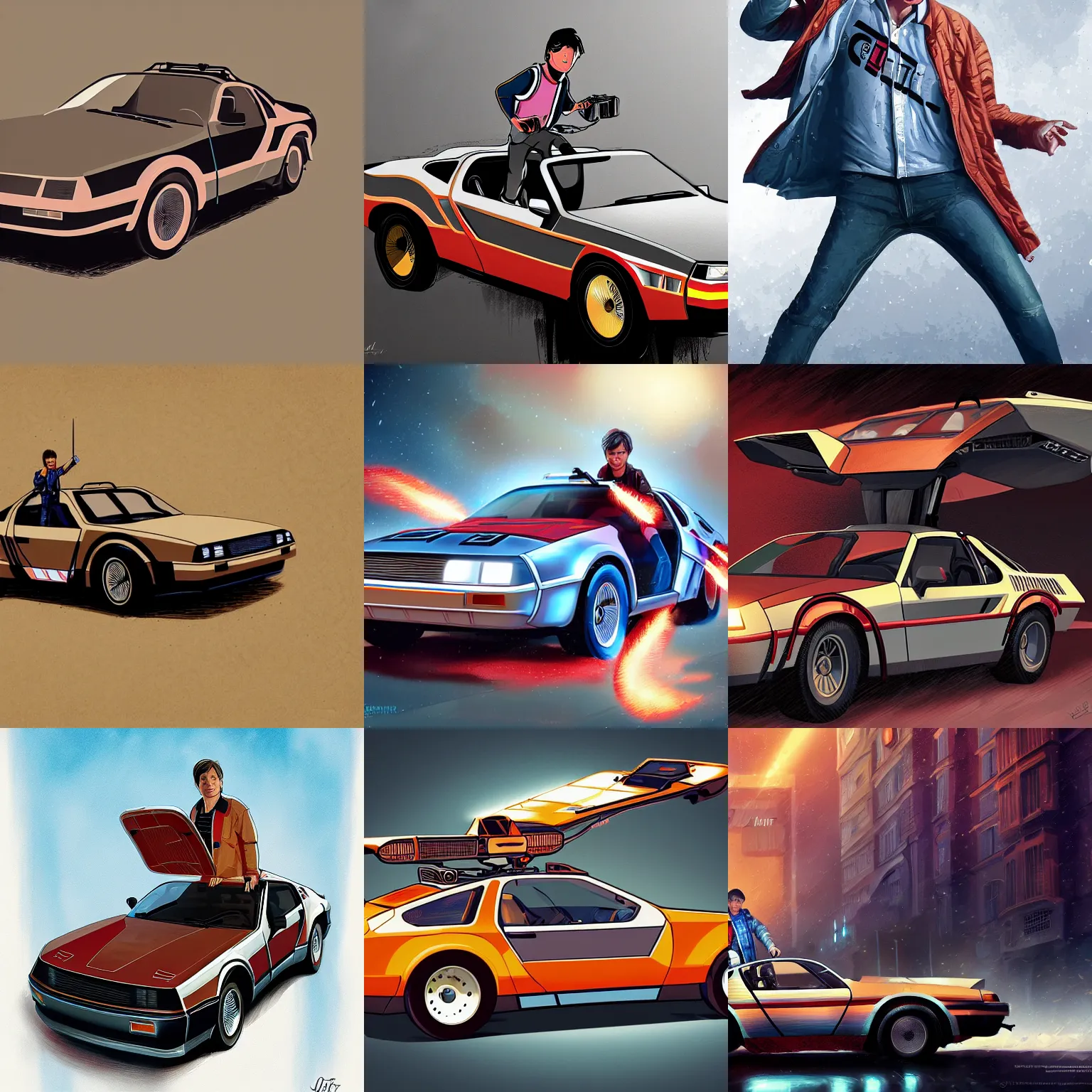 Prompt: Marty McFly in a delorian, highly detailed, digital painting, artstation, concept art, sharp focus, illustration