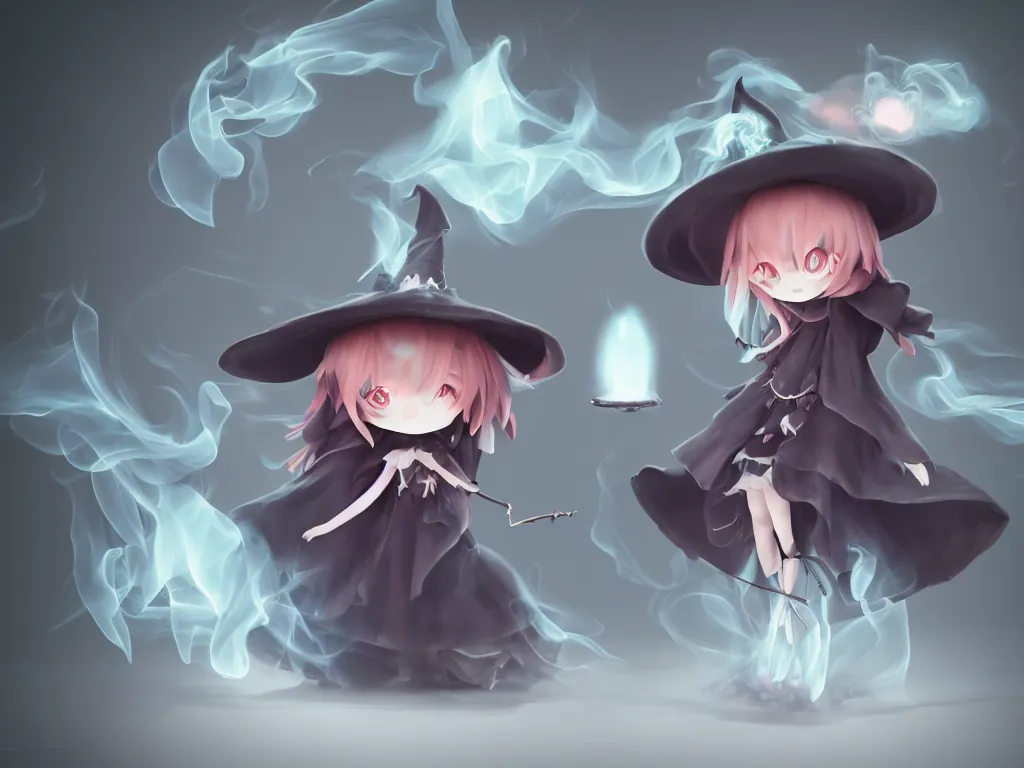 Image similar to cute fumo plush girl witch stirring a cauldron swirling with strange energy, casting a powerful spell, eldritch gothic horror, smoke and volumetric fog, witch girl, soothsayer, lens flare glow, chibi anime, vray