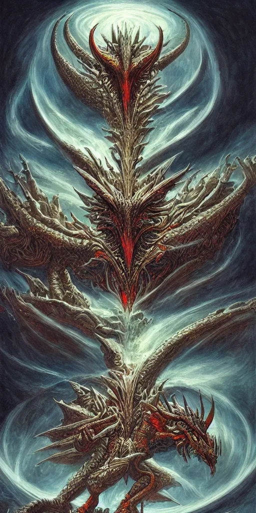 Image similar to an alien dragon demigod descending from outer space to consume the earth, by dan seagrave art