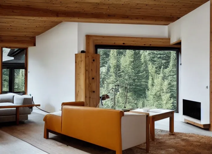 Prompt: a modern swiss living room interior, chalet style, sofa, cupboards, table, rustic wood, beige, white, retro futurism, minimalist, swedish design, ocher, bohemian, giant windows