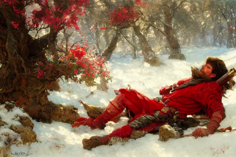 Image similar to winter, a male warrior relaxing under a huge tree with red flowers, sun shining on him, god ray, ground covered with snow, fantasy, painting by gaston bussiere, craig mullins, j. c. leyendecker, trending on artstation