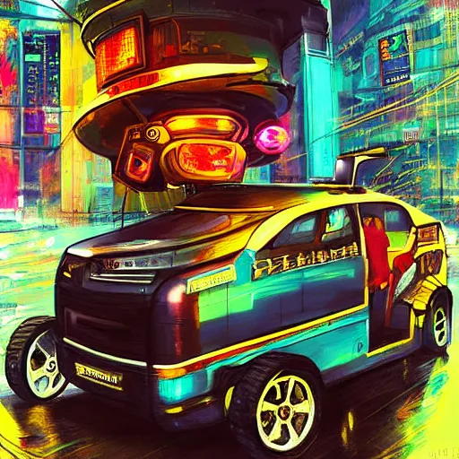Prompt: a cyberpunk painting of an autorickshaw in the streets of Chennai, trending on artstation, detailed digital art