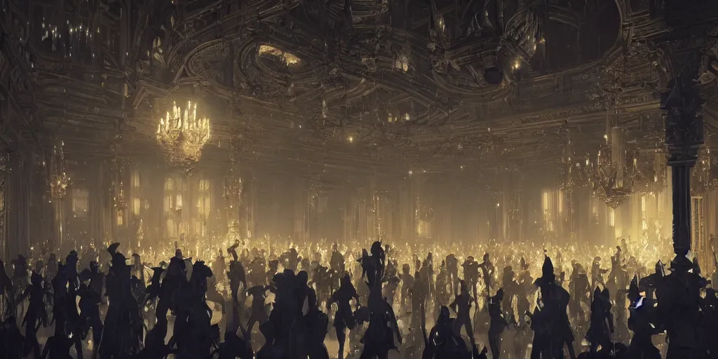 Image similar to beautiful render of a ballroom, unreal engine, many dancers, at night, medieval!!!!, very bright, artstation, detailled, manga!!!, fantasy!!!!!! by greg rutkowski