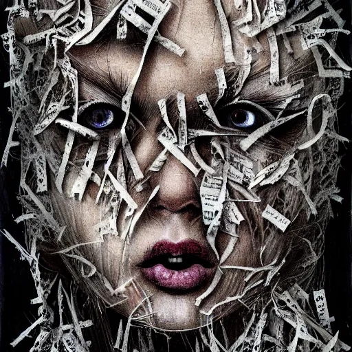 Image similar to multiple faces shredded like paper news screaming, dark horror, surreal, drawing, painting,