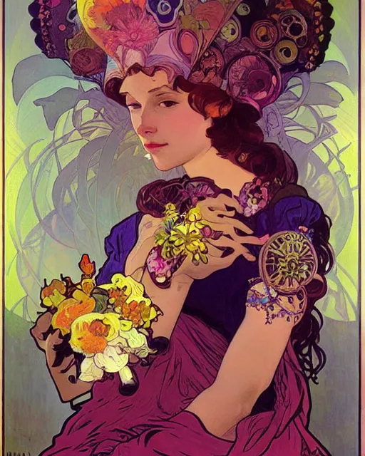 Image similar to flowerpunk portrait of a fierce matriarch by paul lehr, alphonse mucha