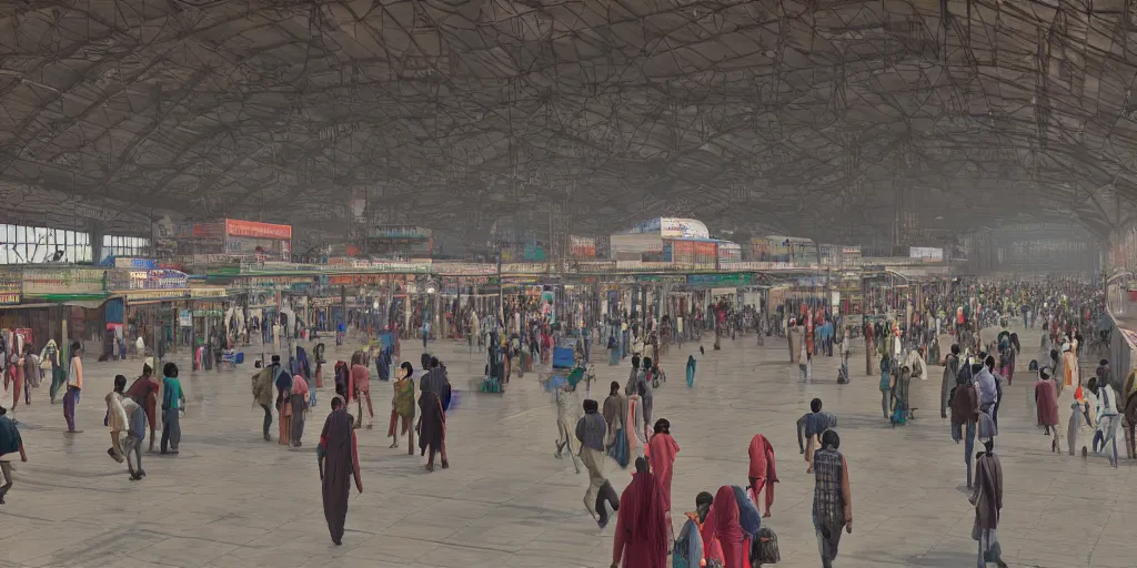 Prompt: establishing shot, interior of an india railway station, bustling with people, sharp focus, unreal engine, octane render, aesthetic