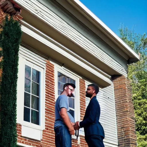 Image similar to A giant man kneeling in front of a house to talk to a regular sized man who is standing on the second floor balcony