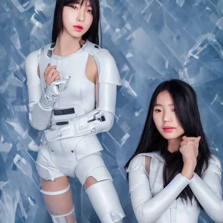 Prompt: high quality photograph of a futuristic asian cyborg girl, fashionable white outfit, blue skin, neotenous, kpop idol apperance, 4 k, portra 4 0 0, 3 5 mm, award winning photography